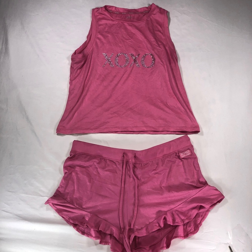 XOXO Sleepwear Pink Pajama Set Rhinestone Tank Ruffle Shorts Womens L 4481-53